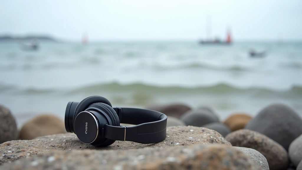 Audiogiidi kõrvaklapid ja merekallas, saared silmapiiril, lainete heli taustal