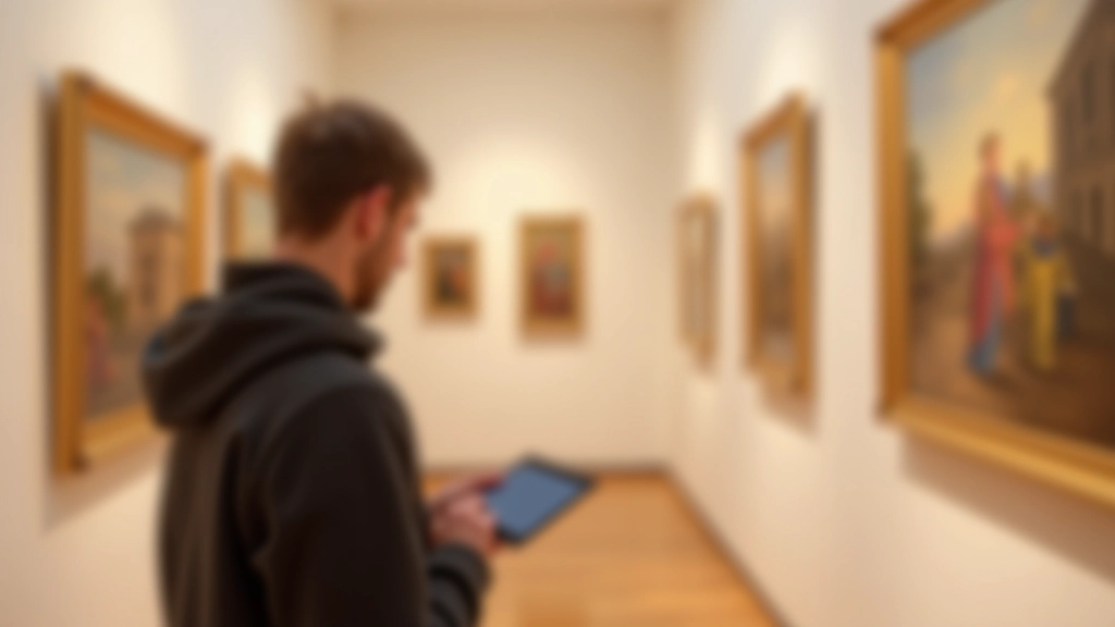 Muuseumisaalis külastaja tableti ees, kunstiteosed seinal, vanamuusika helid