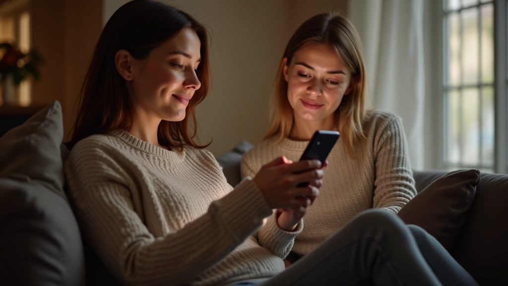 Naine istub kodus, vaatab telefoni ekraani sündmuste nimistut, soe kodune valgus, rahtu tuju